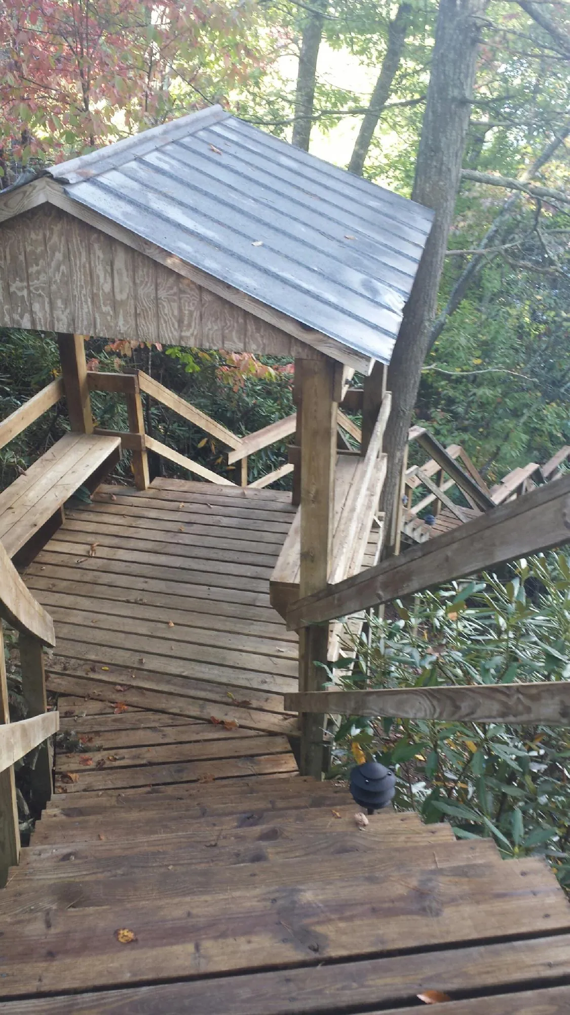 Metal roofed shelter over wooden steps on a wooded walkway — Skylight Repair & Installation work by our crew in Nordman